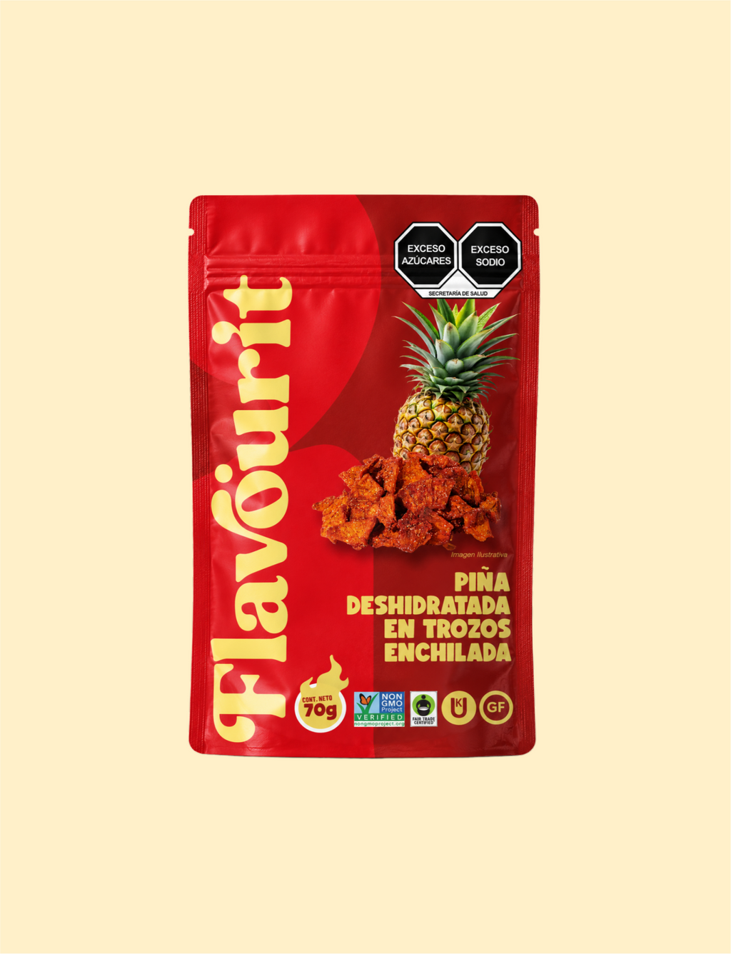 Piña Deshidratada en Trozos Enchilada, Bolsa Pouch Chica 70g